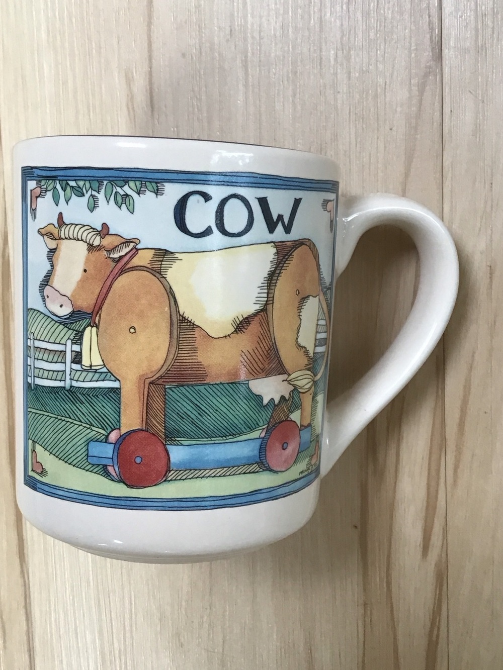 Vintage Susan Winget Farm Cow Pull Toy Patchwork Heart Cottagecore Cream Mug